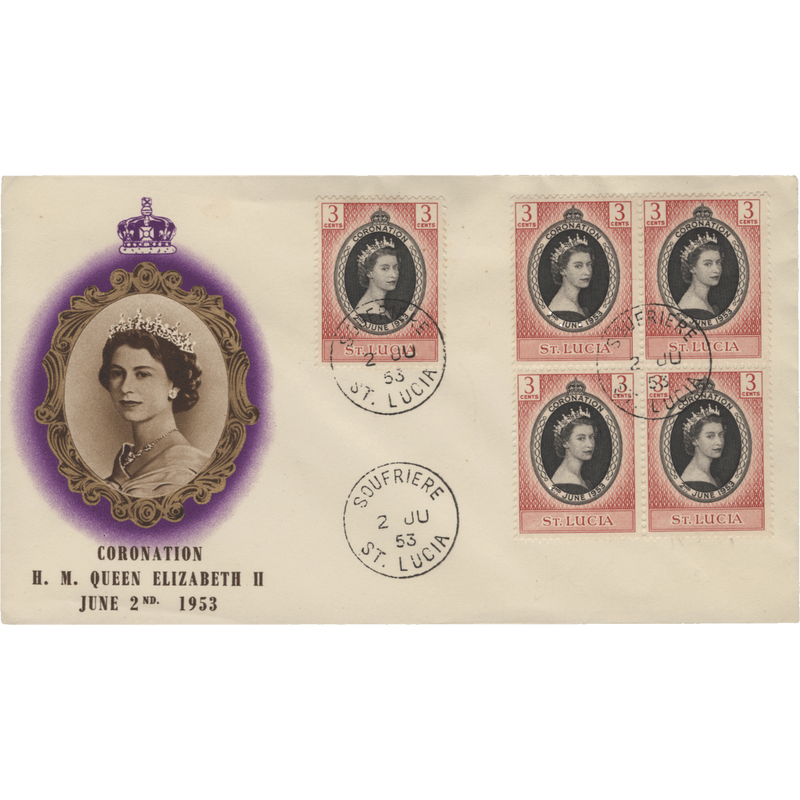 Saint Lucia 1953 (FDC) 3c Coronation block and single, SOUFRIERE