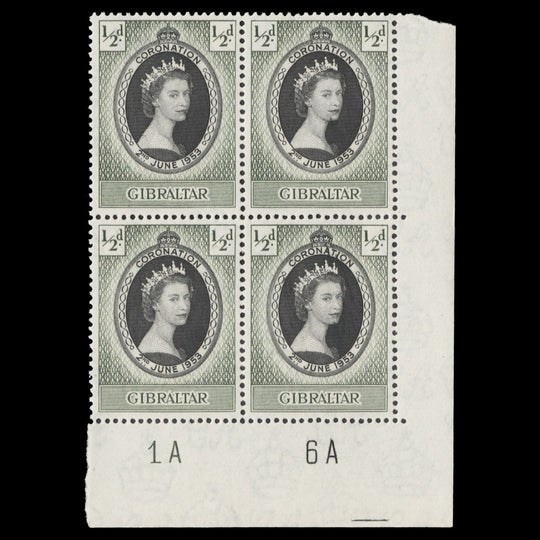 Gibraltar 1953 (MNH) ½d Coronation plate 1A–6A block