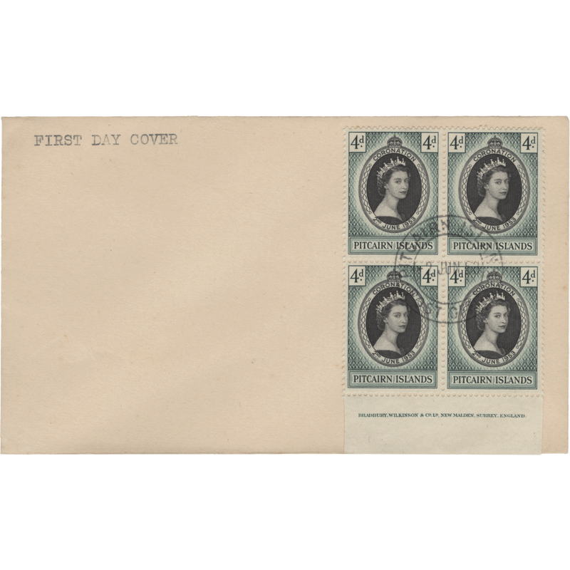 Pitcairn Islands 1953 (FDC) 4d Coronation imprint block