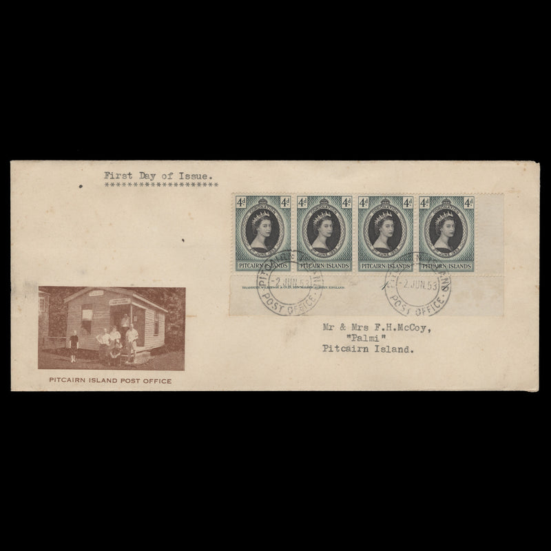 Pitcairn Islands 1953 (FDC) 4d Coronation imprint/plate 1–1 strip