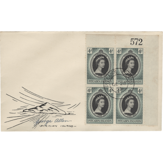 Pitcairn Islands 1953 (Used) 4d Coronation sheet number block on cover