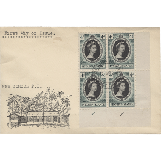 Pitcairn Islands 1953 (FDC) 4d Coronation plate 1–1 block
