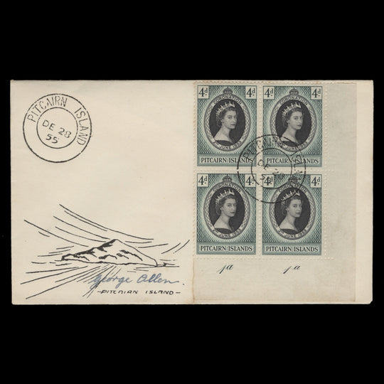 Pitcairn Islands 1953 (Used) 4d Coronation plate 1a–1a block on cover