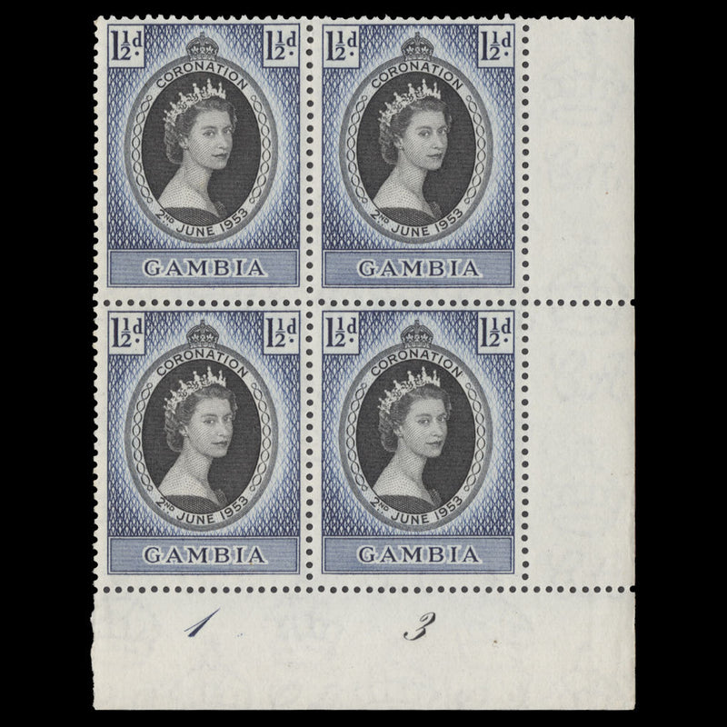 Gambia 1953 (MNH) 1½d Coronation plate 1–3 block