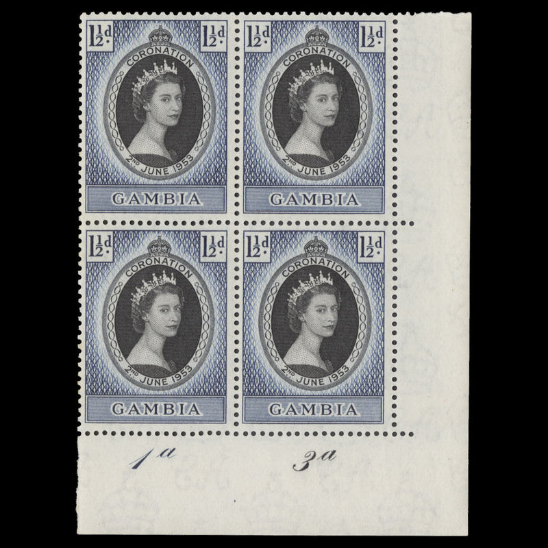 Gambia 1953 (MNH) 1½d Coronation plate 1a–3a block