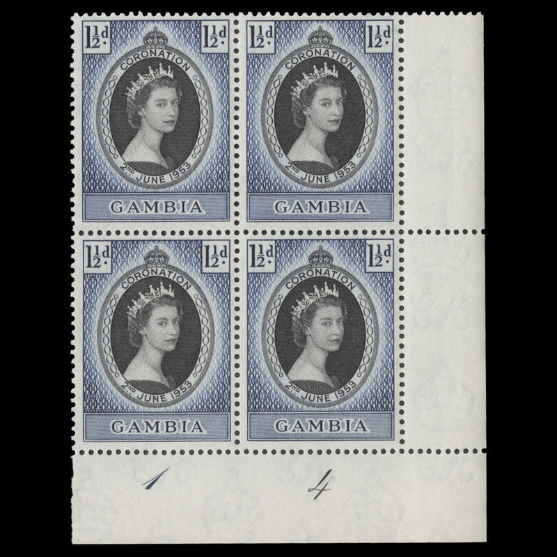 Gambia 1953 (MNH) 1½d Coronation plate 1–4 block