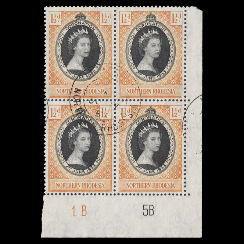 Northern Rhodesia 1953 (Used) 1½d Coronation plate 1B–5B block