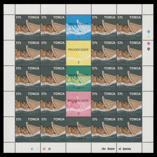 Tonga 1987 (Variety) 57s Canoe Race pane with one stamp missing value