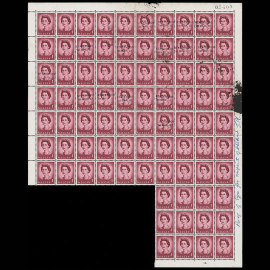 Saint Lucia 1967 (Proof) 1c Queen Elizabeth II part sheet with trial overprint