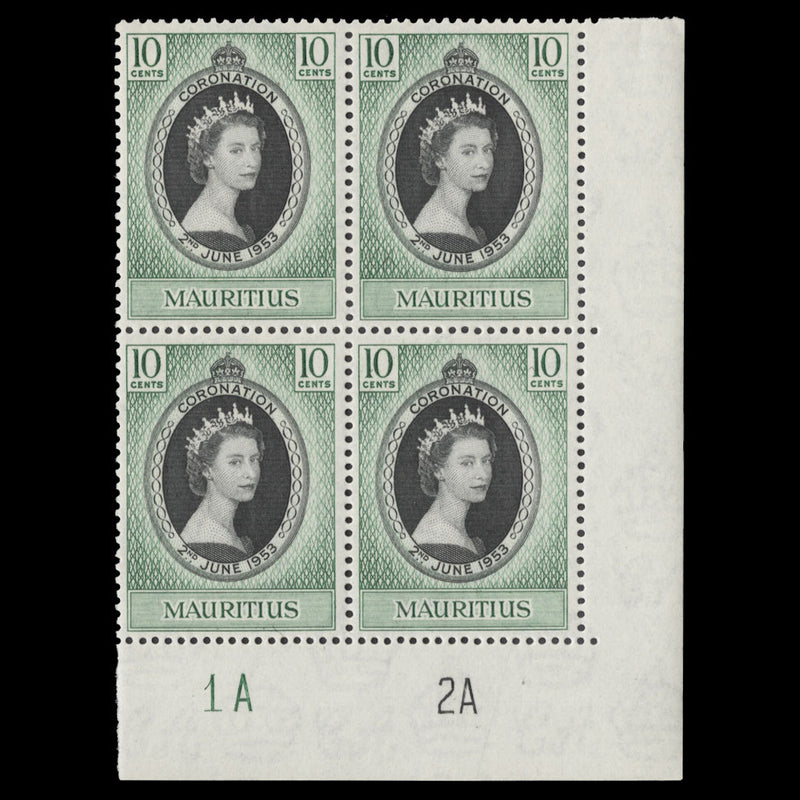 Mauritius 1953 (MNH) 10c Coronation plate 1A–2A block. SG291, SC250