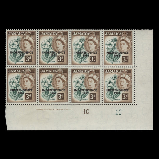 Jamaica 1963 (MNH) 3d Mahoe imprint/plate 1C–1C block