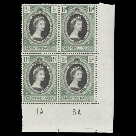 Malta 1953 (MNH) 1½d Coronation plate 1A–6A block
