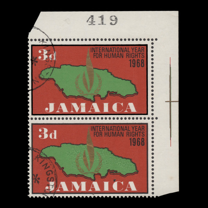 Jamaica 1968 (Variety) 3d Human Rights Year pair with inverted watermark