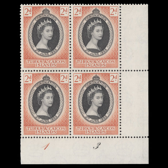 Turks & Caicos Islands 1953 (MNH) 2d Coronation plate 1–3 block