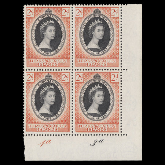 Turks & Caicos Islands 1953 (MNH) 2d Coronation plate 1a–3a block