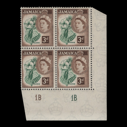 Jamaica 1956 (MLH) 3d Mahoe plate 1B–1B block