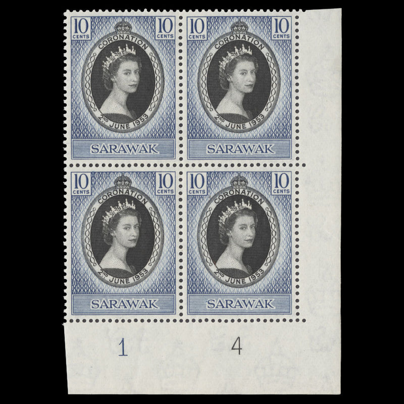 Sarawak 1953 (MLH) 10c Coronation plate 1–4 block