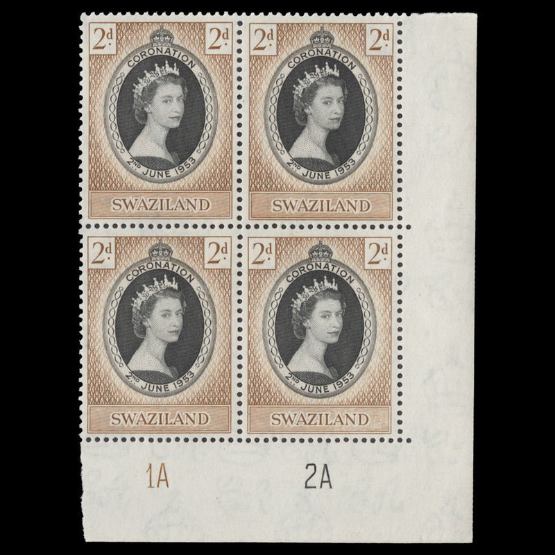 Swaziland 1953 (MNH) 2d Coronation plate 1A–2A block. SG52, SC54