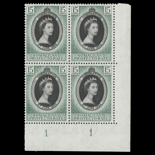 Somaliland Protectorate 1953 (MNH) 15c Coronation plate 1–1 block