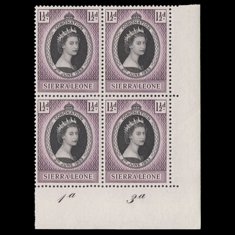 Sierra Leone 1953 (MNH) 1½d Coronation plate 1a–3a block