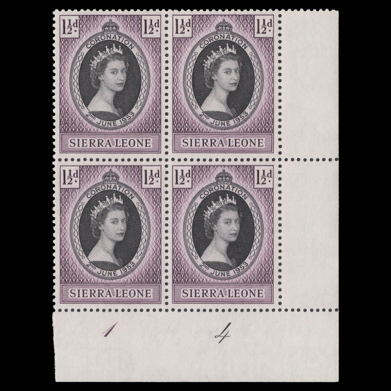 Sierra Leone 1953 (MNH) 1½d Coronation plate 1–4 block