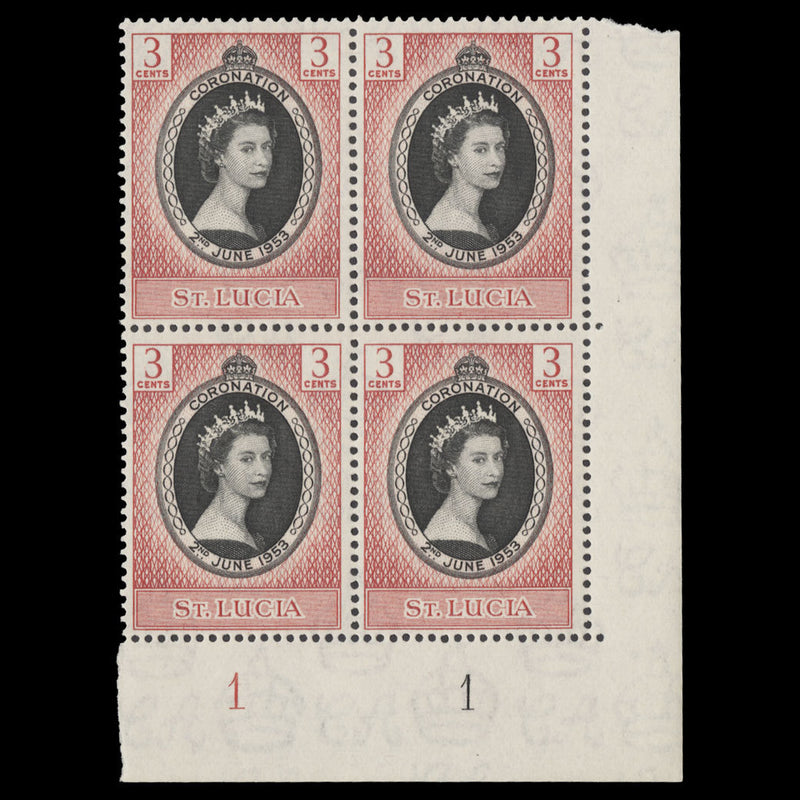 Saint Lucia 1953 (MNH) 3c Coronation plate 1–1 block