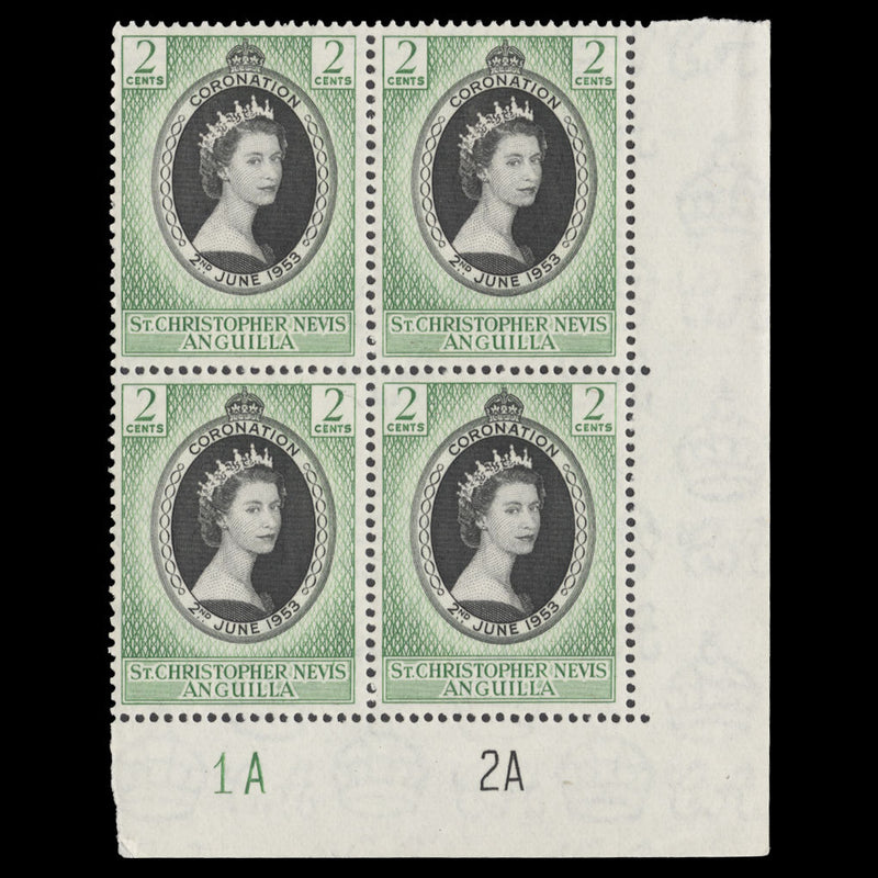 St Christopher Nevis Anguilla 1953 (MNH) 2c Coronation plate 1A–2A block. SG106, SC119