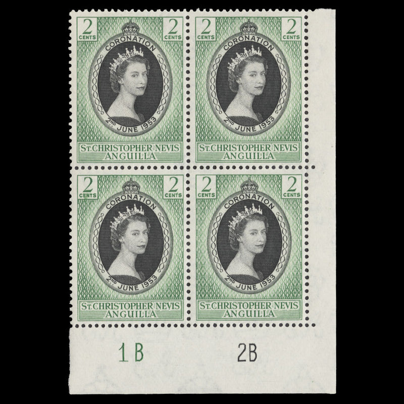 St Christopher Nevis Anguilla 1953 (MNH) 2c Coronation plate 1B–2B block. SG106, SC119