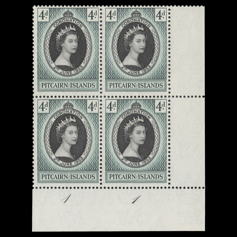 Pitcairn Islands 1953 (MNH) 4d Coronation plate 1–1 block