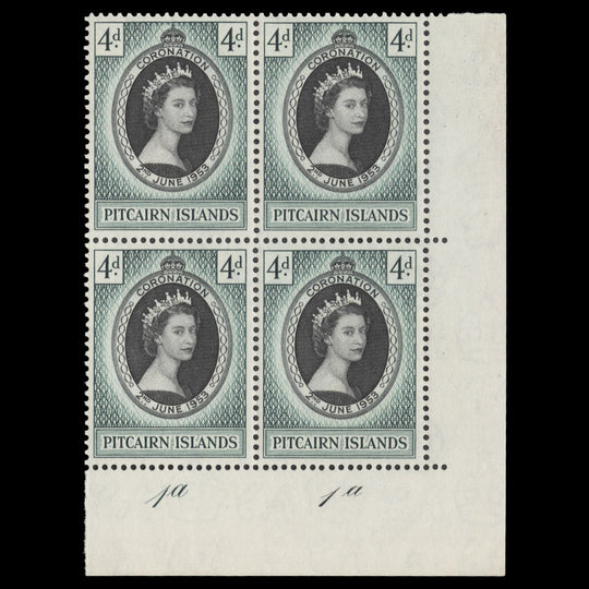 Pitcairn Islands 1953 (MNH) 4d Coronation plate 1a–1a block