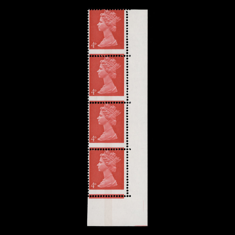 Great Britain 1969 (Variety) 4d Bright Vermilion strip with perf shift