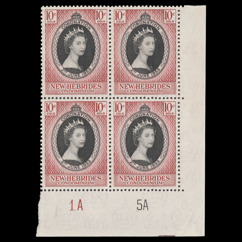 New Hebrides 1953 (MNH) 10c Coronation plate 1A–5A block