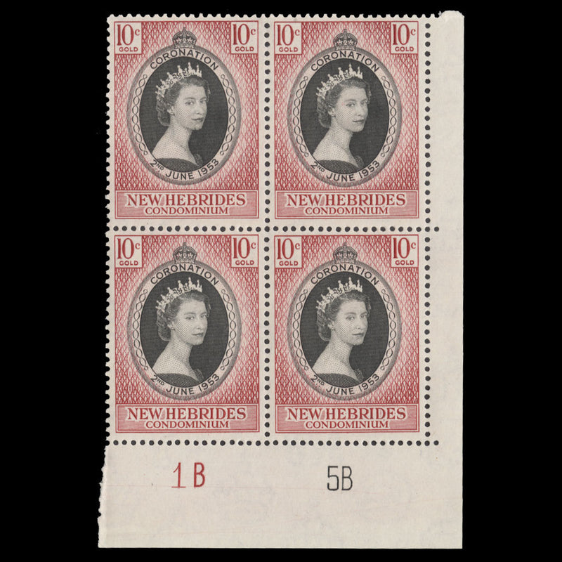 New Hebrides 1953 (MNH) 10c Coronation plate 1B–5B block