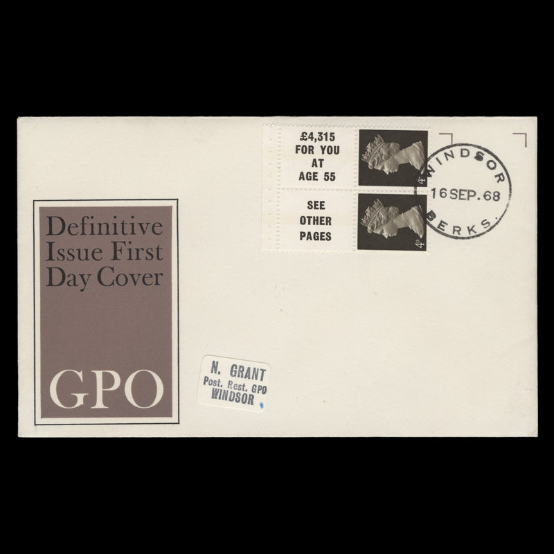 Great Britain 1968 (FDC) 4d Deep Olive-Sepia Booklet Pane, WINDSOR