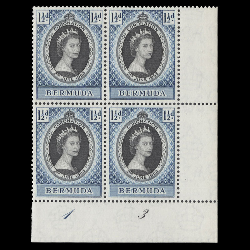 Bermuda 1953 (MNH) 1½d Coronation plate 1–3 block