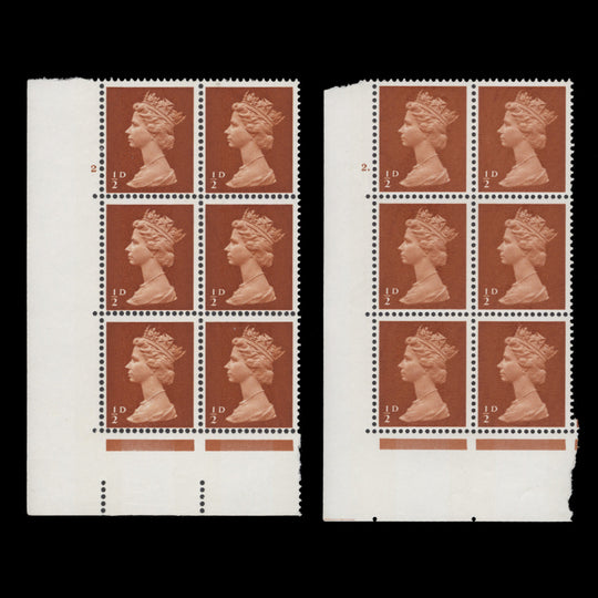 Great Britain 1968 (MNH) ½d Orange-Brown cylinder 2 and 2. blocks