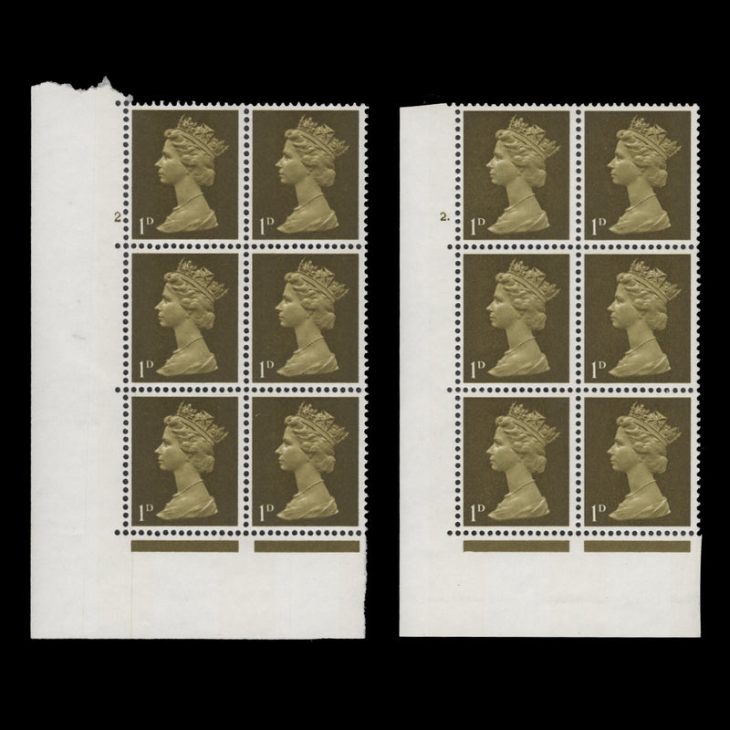 Great Britain 1968 (MNH) 1d Light Olive cylinder 2 and 2. blocks
