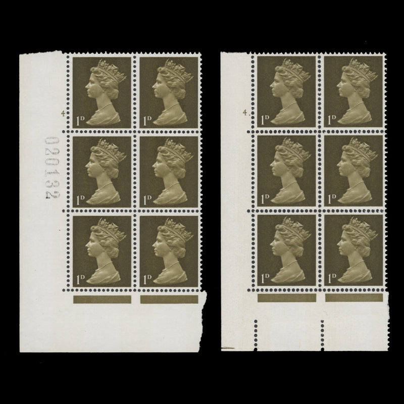 Great Britain 1968 (MNH) 1d Yellowish Olive cylinder 4 and 4. blocks