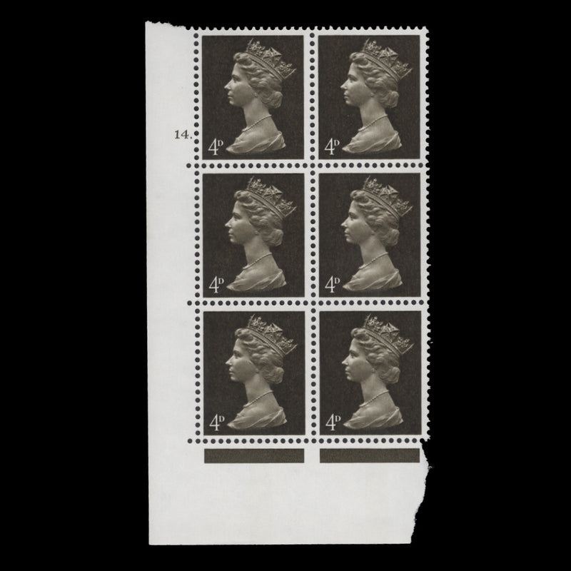 Great Britain 1968 (MNH) 4d Deep Olive-Sepia cylinder 14. block
