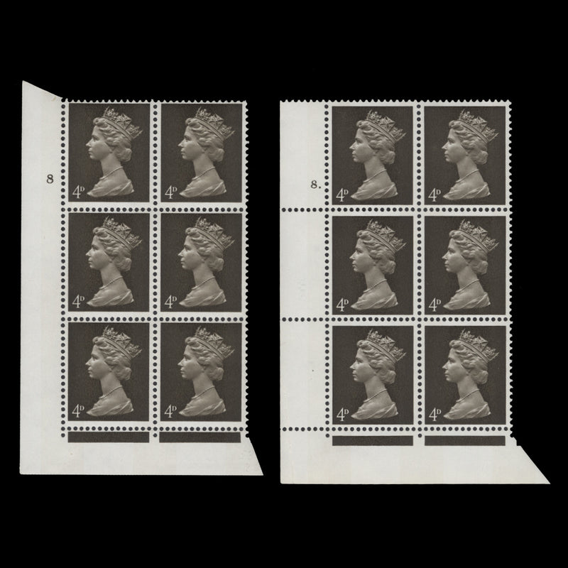 Great Britain 1967 (MNH) 4d Deep Olive-Brown cylinder 8 and 8. blocks