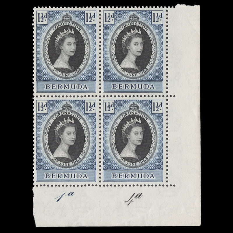 Bermuda 1953 (MNH) 1½d Coronation plate 1a–4a block