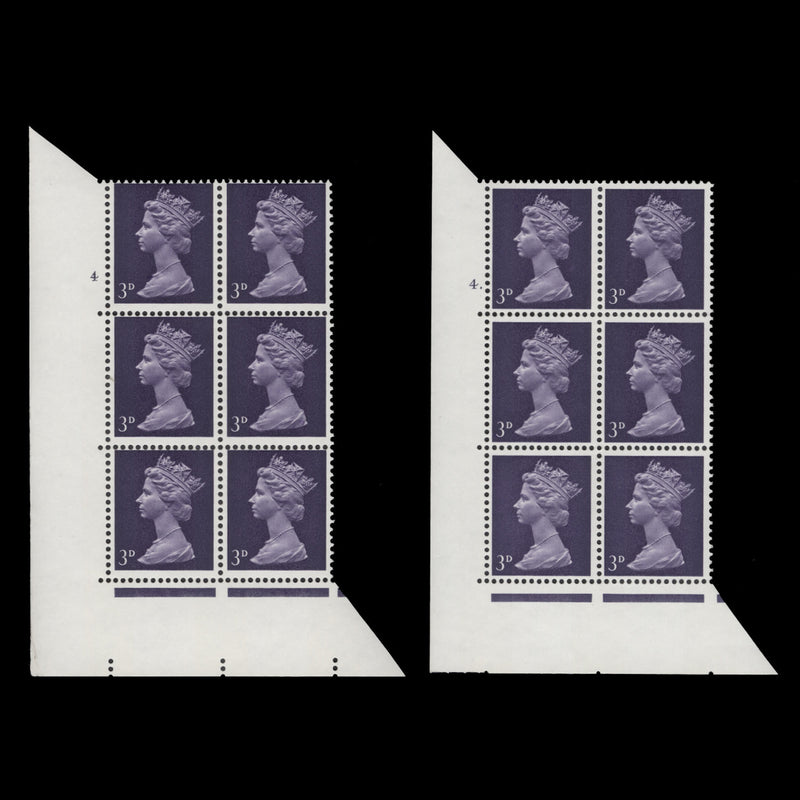 Great Britain 1969 (MNH) 3d Violet cylinder 4 and 4. blocks