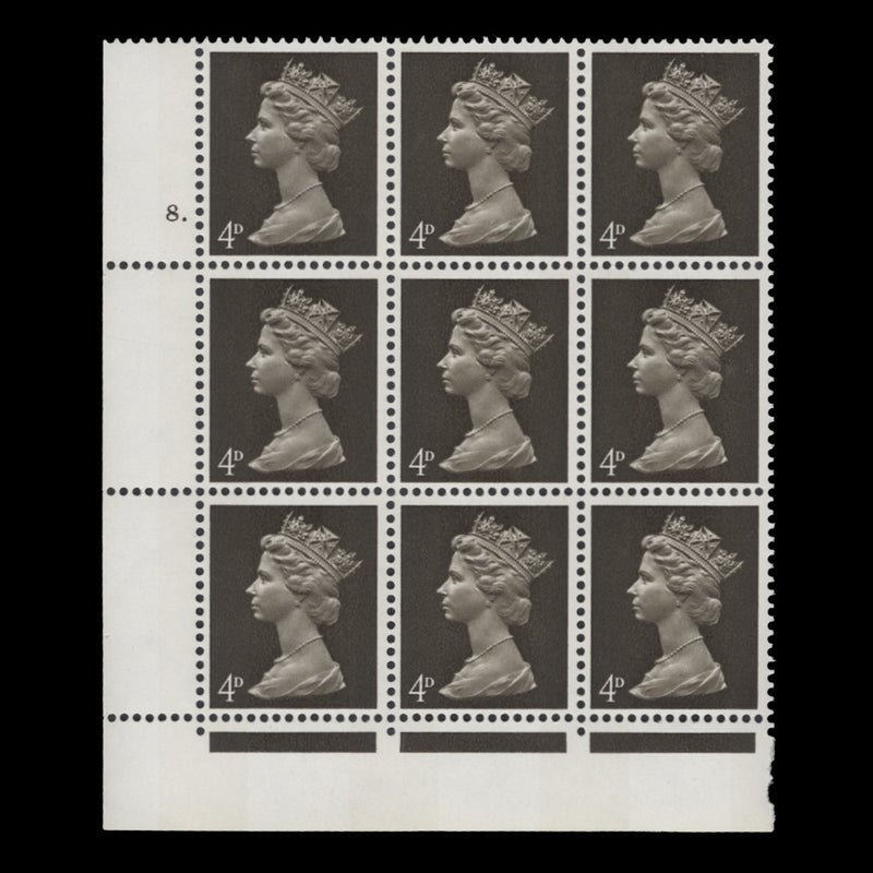 Great Britain 1967 (MNH) 4d Deep Olive-Brown cylinder 8. block
