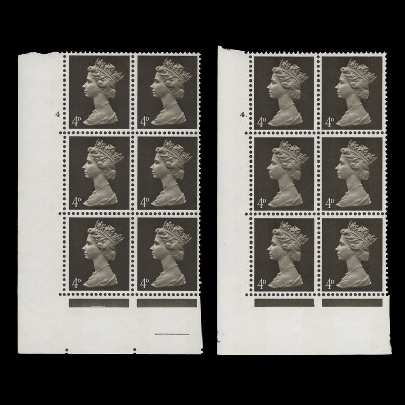 Great Britain 1968 (MNH) 4d Deep Olive-Brown cylinder 4 and 4. blocks