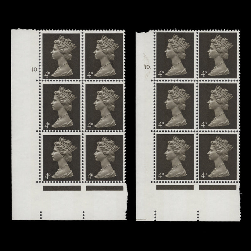 Great Britain 1968 (MNH) 4d Deep Olive-Brown cyl 10 and 10. blocks