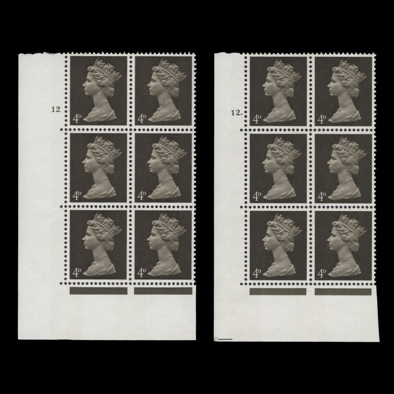 Great Britain 1968 (MNH) 4d Deep Olive-Brown cyl 12 and 12. blocks