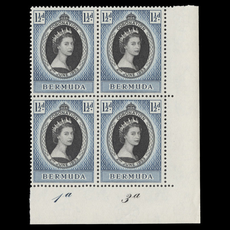 Bermuda 1953 (MNH) 1½d Coronation plate 1a–3a block