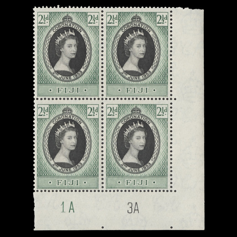 Fiji 1953 (MNH) 2½d Coronation plate 1A–3A block