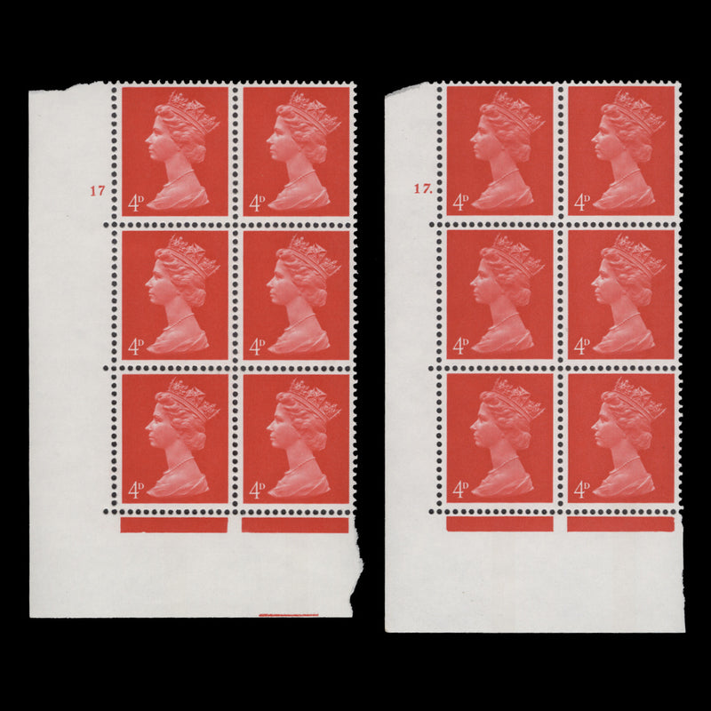 Great Britain 1969 (MNH) 4d Bright Vermilion cylinder 17 and 17. blocks