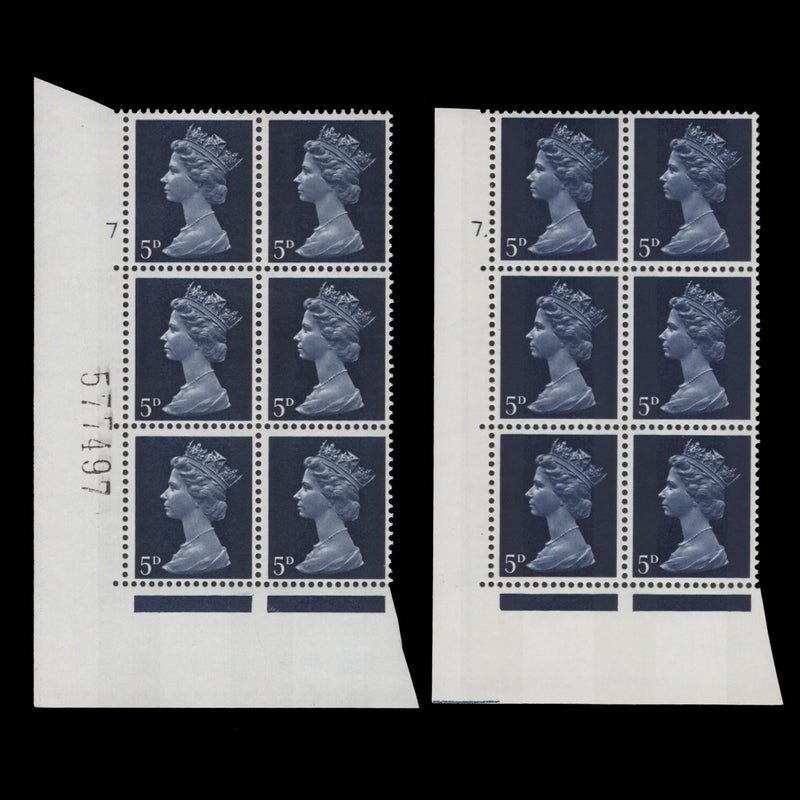 Great Britain 1968 (MNH) 5d Deep Blue cylinder 7 and 7. blocks